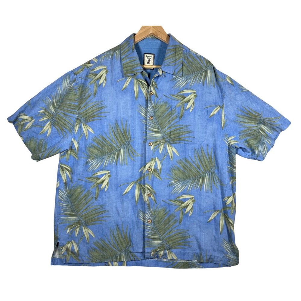 Jamaica Jaxx XL Silk Hawaiian Shirt Blue Green Tropical Palm Tree Button Up